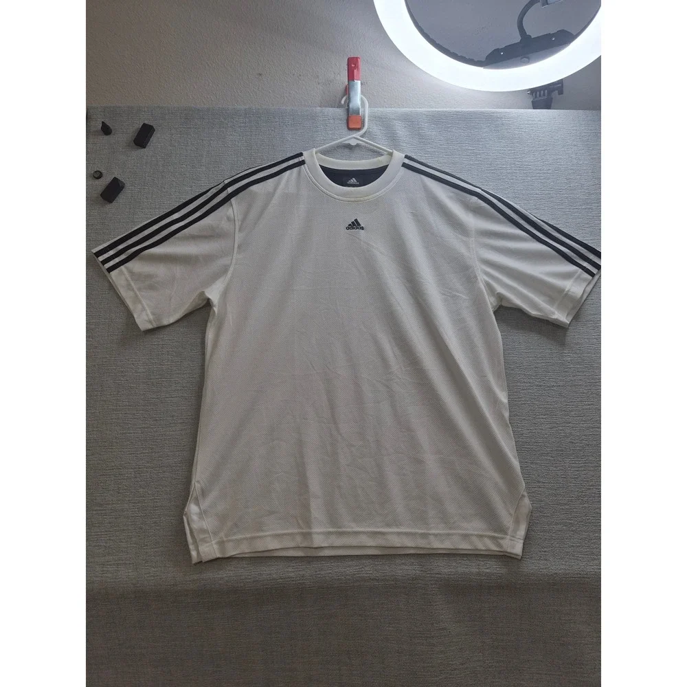 Adidas T Shirt Men Medium White Black Embroidered Logo Crew Neck Athletic Casual